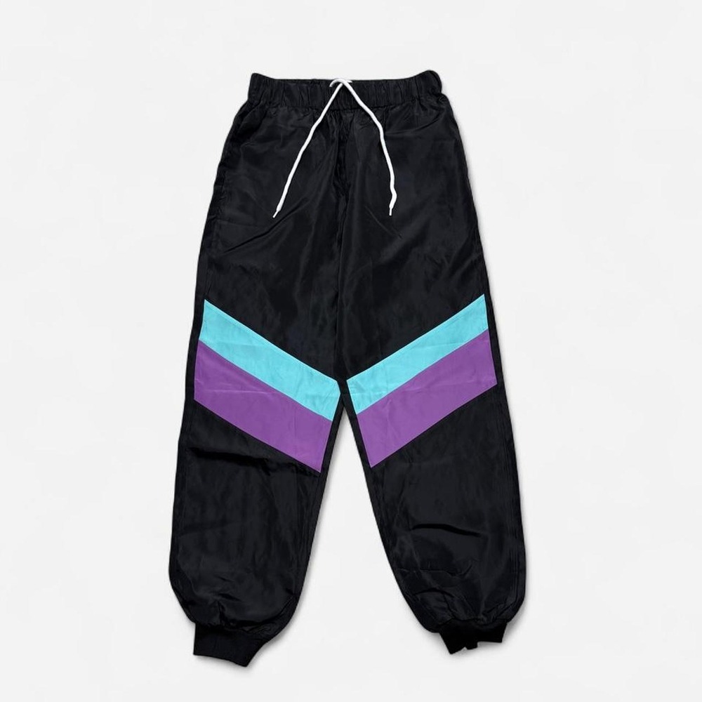 Vintage 90s Style Black Track Pants Purple Blue Stripes Lightweight Joggers M